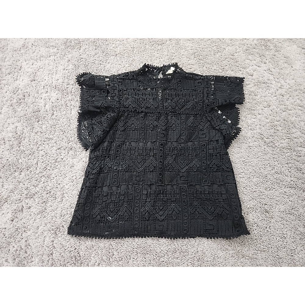 By Together Blouse Women S Black Geometric Lace Mock Neck Pom-Pom Trim Crochet
